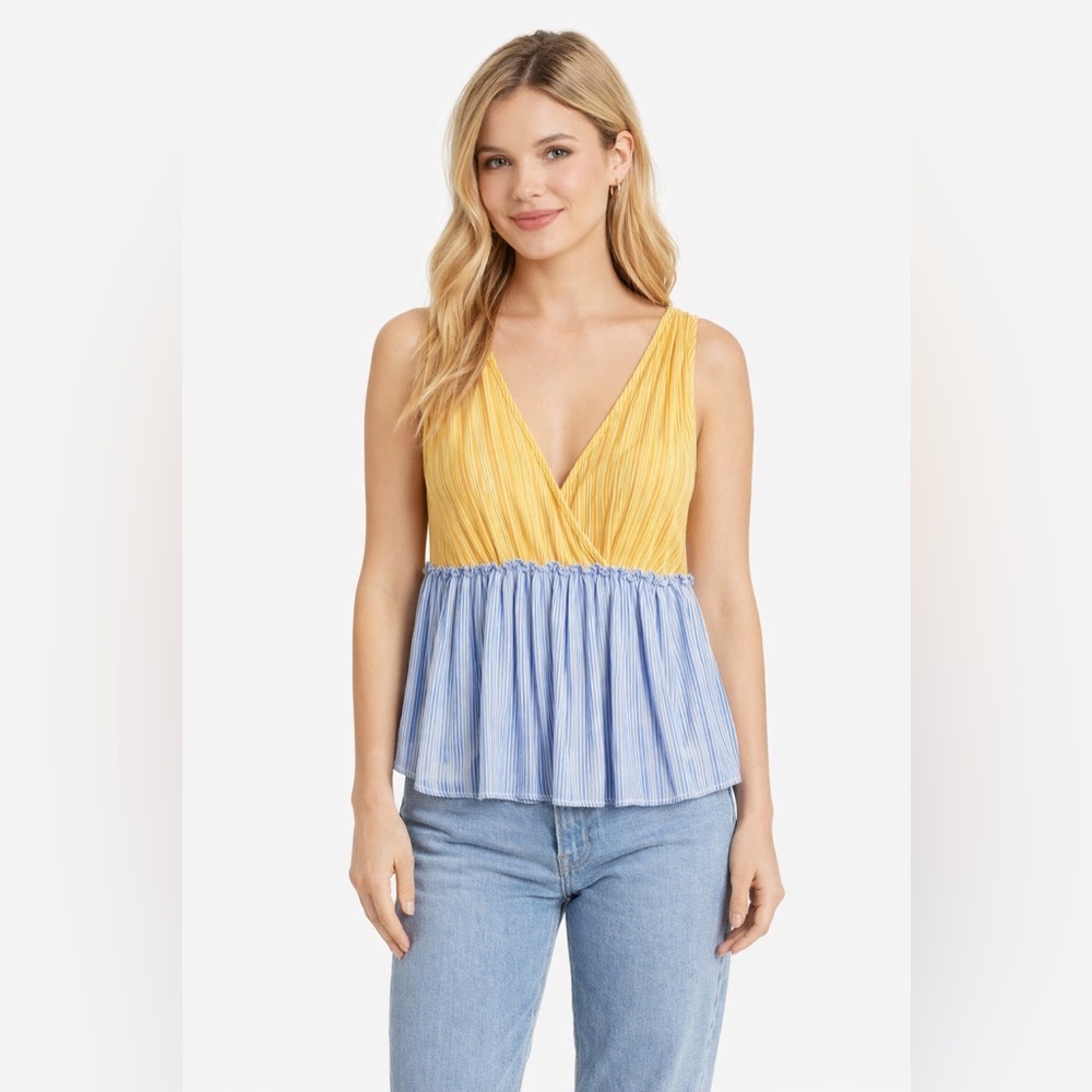 BP Yellow, Blue and White Striped Ruffle Tank with Back Bow Tie